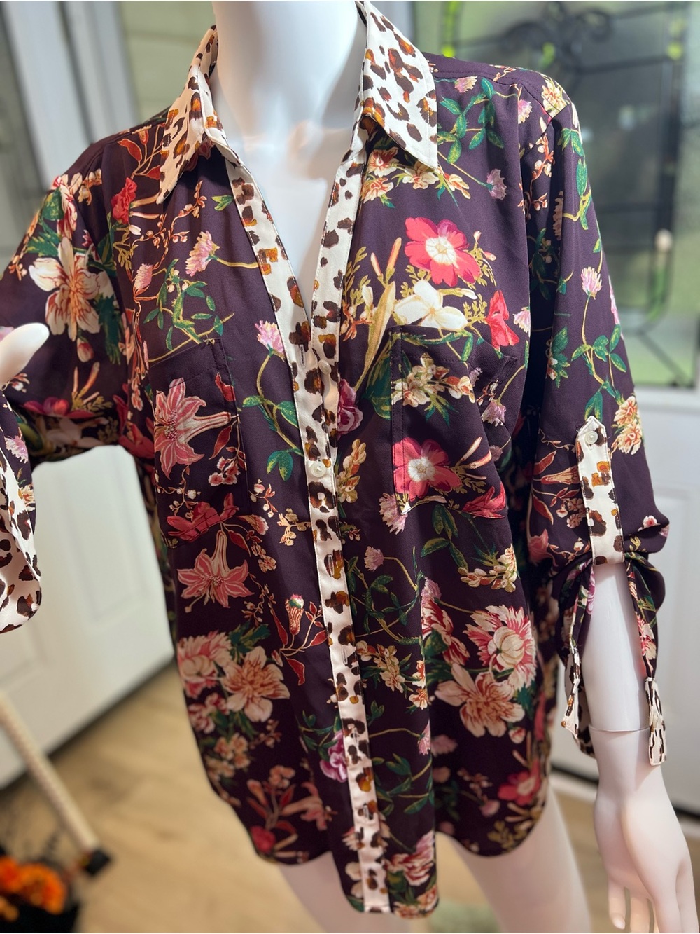Maurices Floral Button-Down Shirt in Plum with Leopard Trim